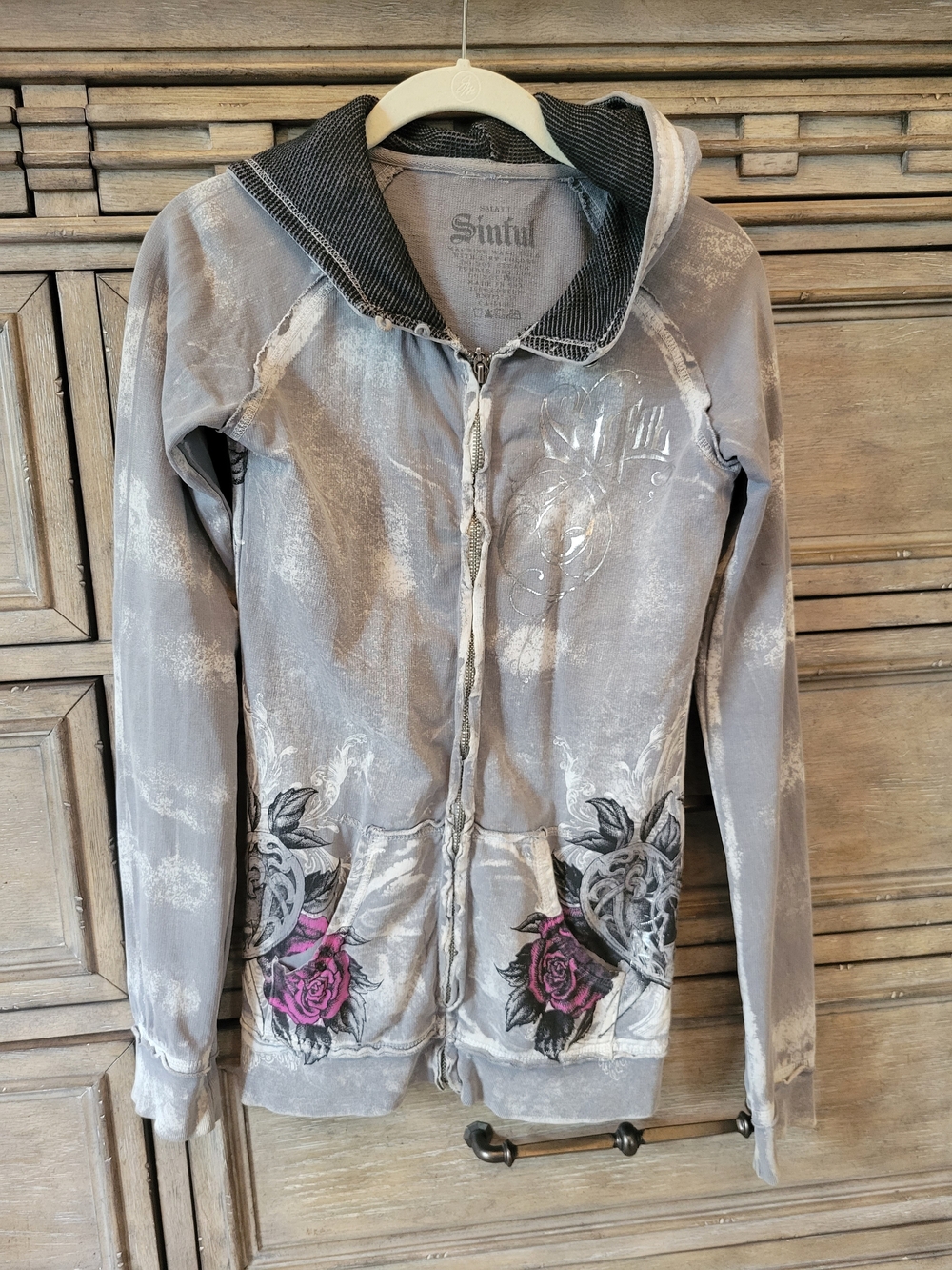 Sinful Gray Zip Hoodie with Pink Rose Accents